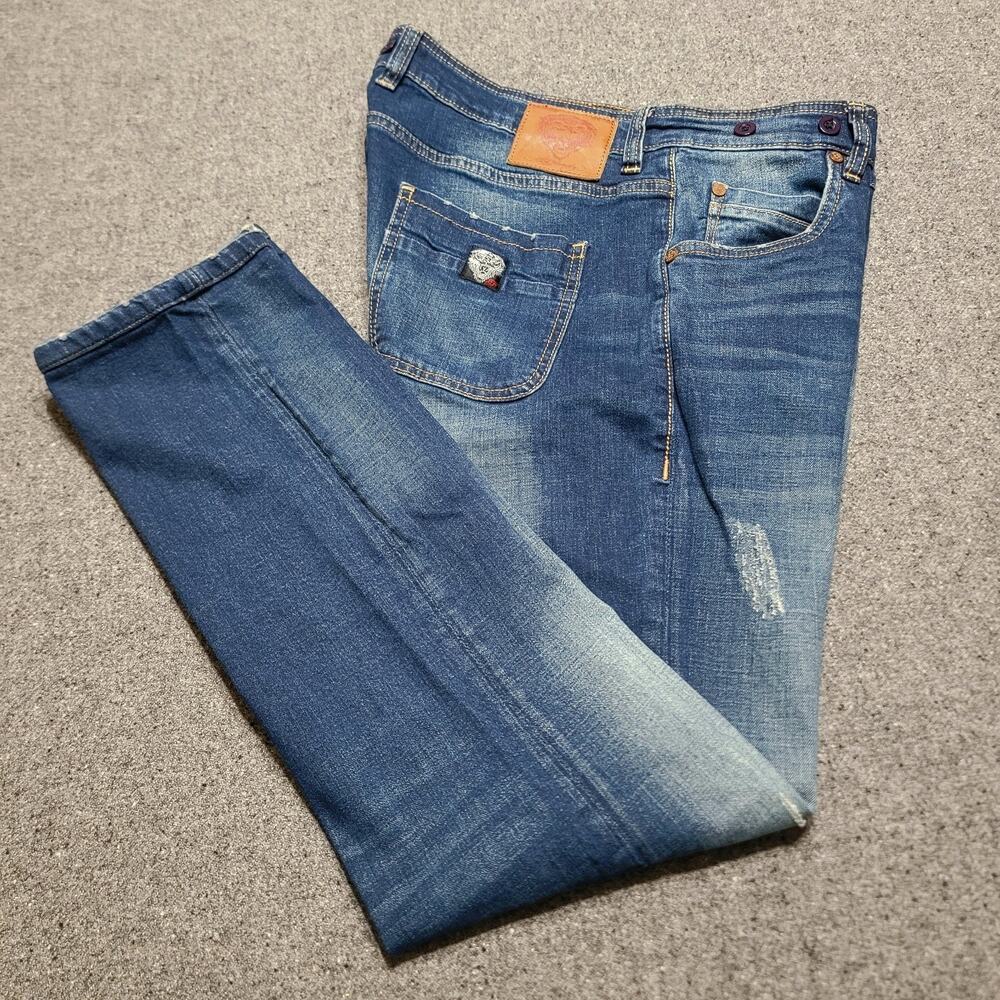Ed Hardy Jeans Men 38x31 Blue Stone Wash Super Slim Distressed Denim Pants Retro